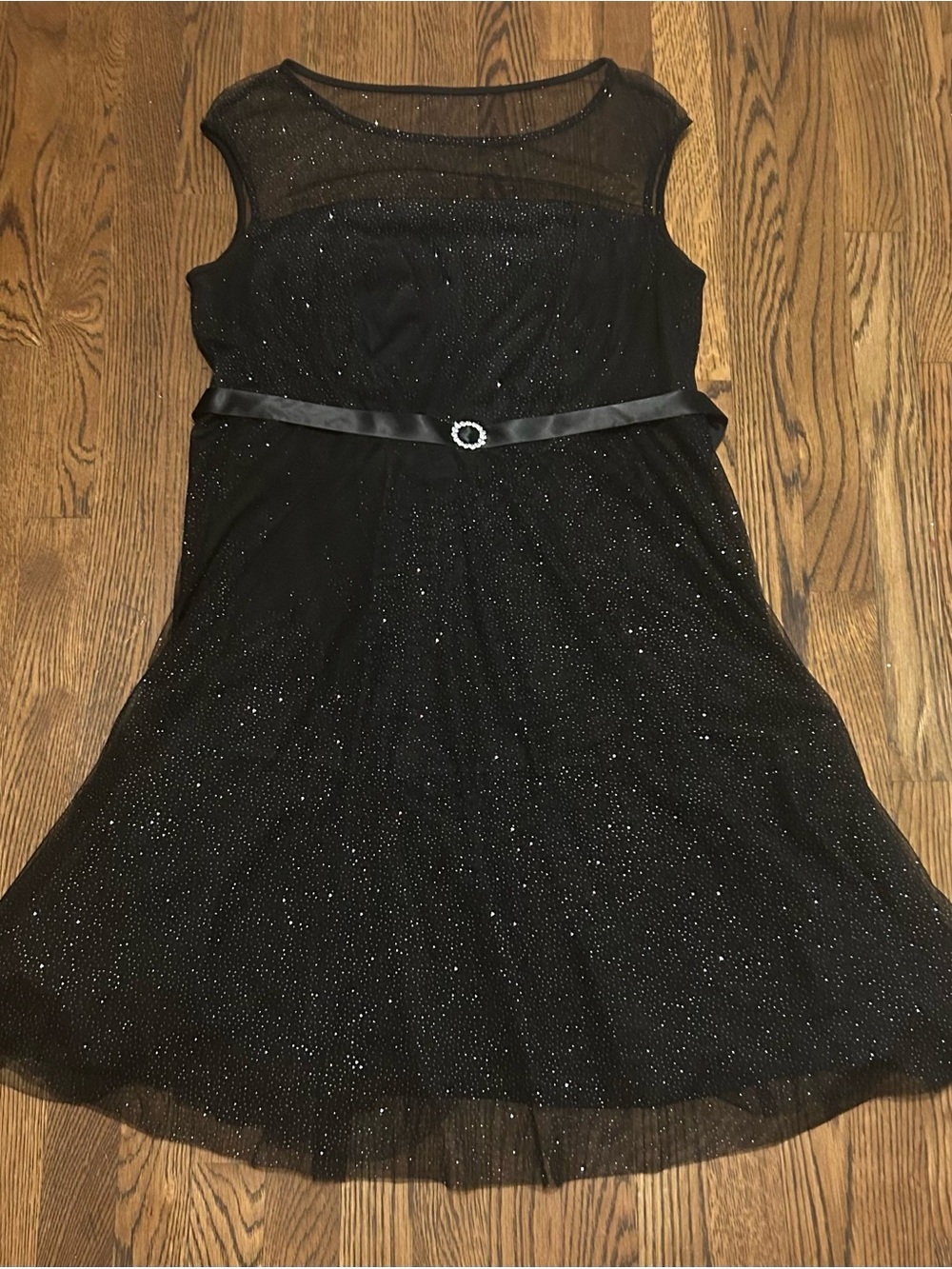 Black Sheer Yoke Midi cocktail Dress with Sparkle and Belt - Picture 3 of 8